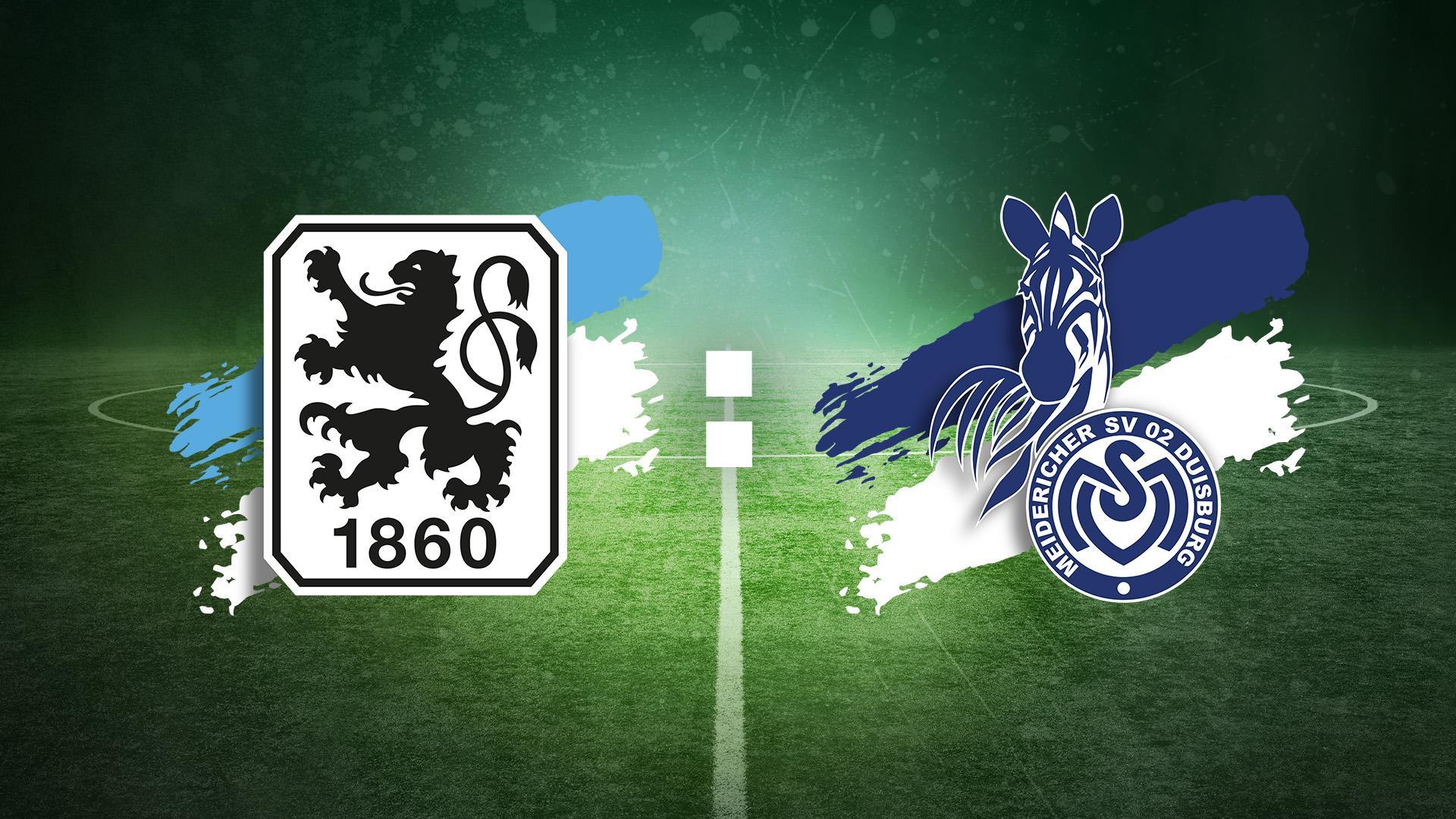 Werbegrafik 3. Liga mit Logos von 1860 München und Duisburg vor Fußball-Hintergrund